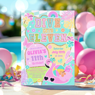 Dive Into Eleven Preppy Girl Pool Party Birthday Invitation