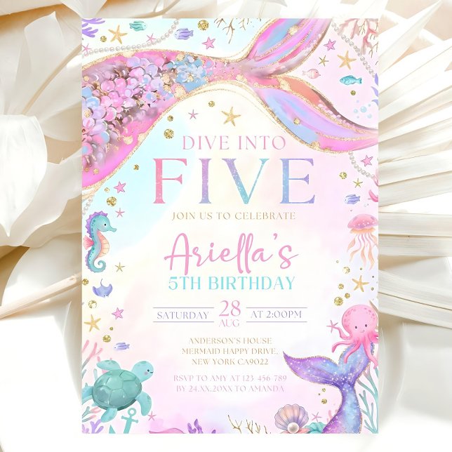 Dive into Five 5th Birthday Mermaid Invitation, Me Invitation (Creator Uploaded)