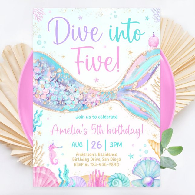 Dive into Five 5th Birthday Mermaid Invitation, Me Invitation (Creator Uploaded)