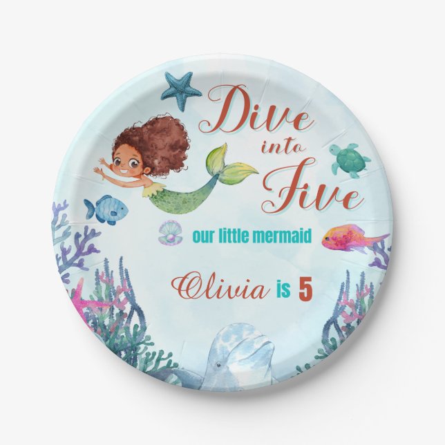 Dive into Five Brown Mermaid 5th Birthday Girl Paper Plate (Front)