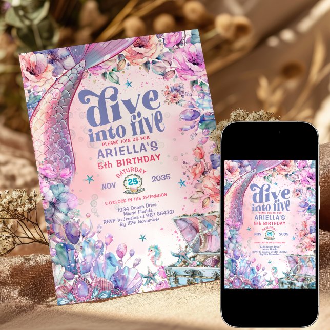 Dive into Five Flower Glitter Mermaid Tail  Invitation (Creator Uploaded)