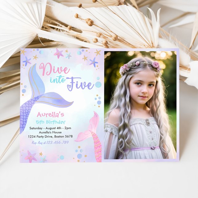 Dive Into Five Girl 5th Birthday Party Photo Invitation (Creator Uploaded)
