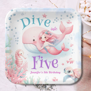Dive Into Five! Girl Pink Mermaid 5th Birthday Paper Plate