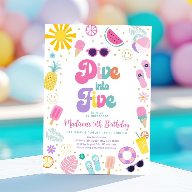 Dive Into Five Girl Pool Party Summer Birthday Invitation (Creator Uploaded)