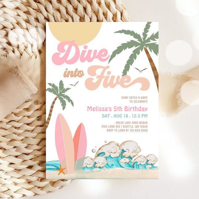 Dive into Five Girl Surfing 5th Birthday Party Invitation (Creator Uploaded)