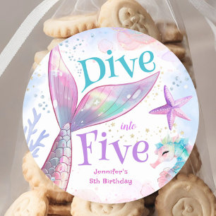 Dive into Five Mermaid 5th Birthday Classic Round Sticker