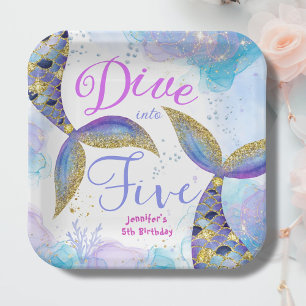 Dive into Five Mermaid 5th Birthday Paper Plate