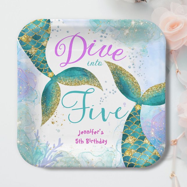 Dive into Five Mermaid 5th Birthday Paper Plate (Creator Uploaded)