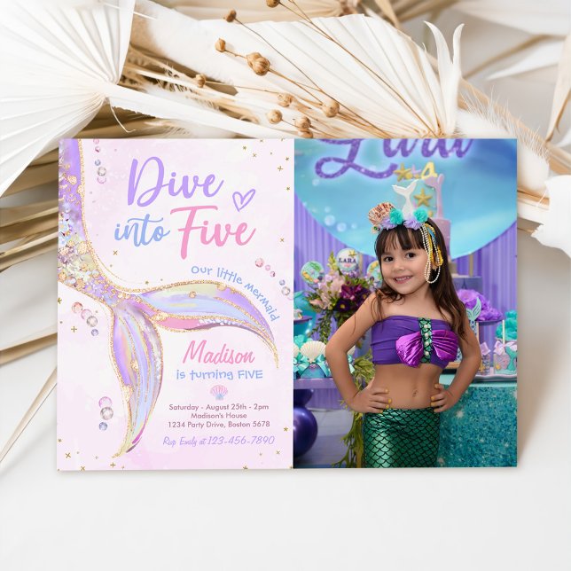 Dive Into Five Mermaid 5th Birthday Party Photo Invitation (Creator Uploaded)
