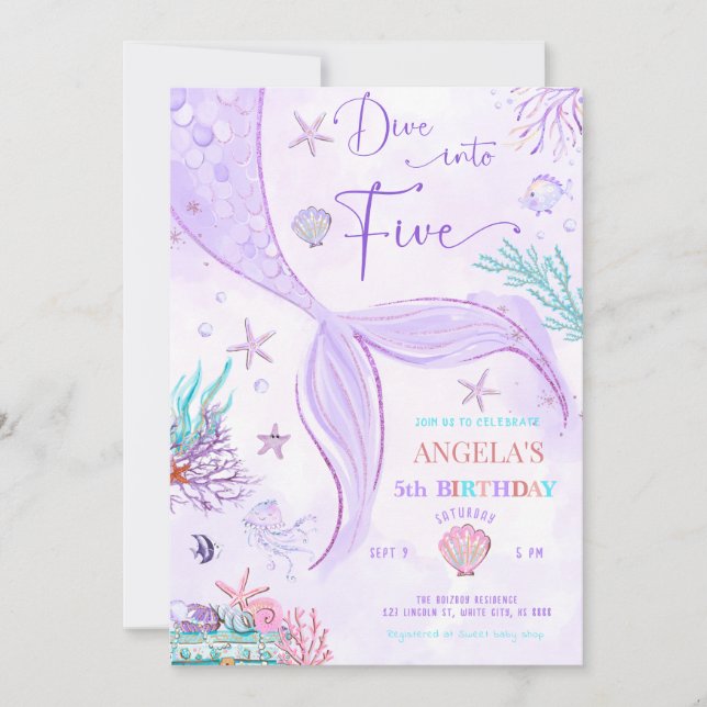 Dive Into Five Mermaid birthday Invitation (Front)