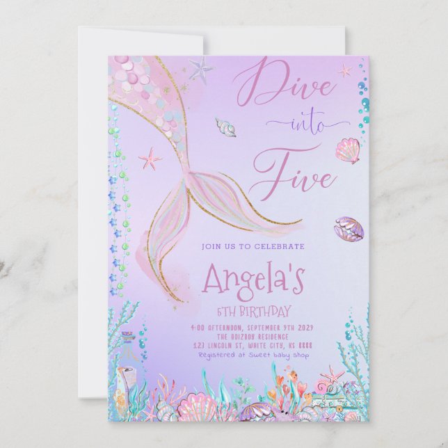 Dive Into Five Mermaid Birthday Party Invitation (Front)