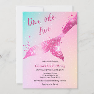 Dive into Five Mermaid Girl 5th Birthday  Invitation