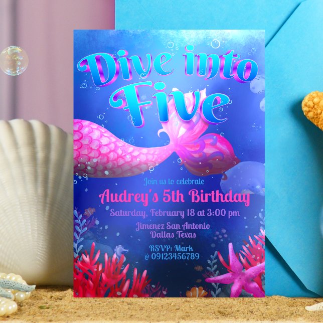 Dive into Five - Mermaid Invitation (Dive into Five - Girl Mermaid 5th Birthday Invitation)
