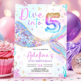 Dive into Five Mermaid Purple Teal 5th Mermaid Bir Invitation