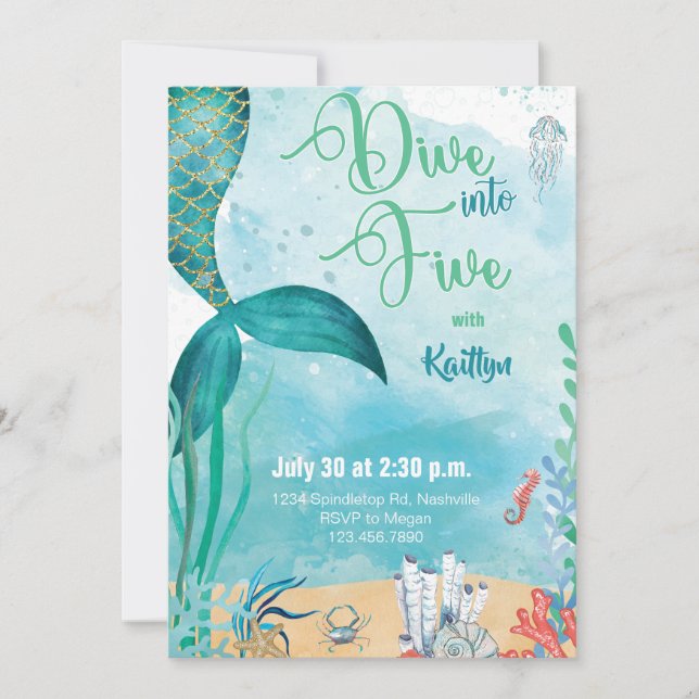 Dive into Five Mermaid Under the Sea Birthday Invitation (Front)