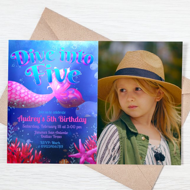 Dive into Five - Mermaid with Photo Landscape Invitation (Dive into Five - Girl Mermaid 5th Birthday Landscape Invitation with Picture)