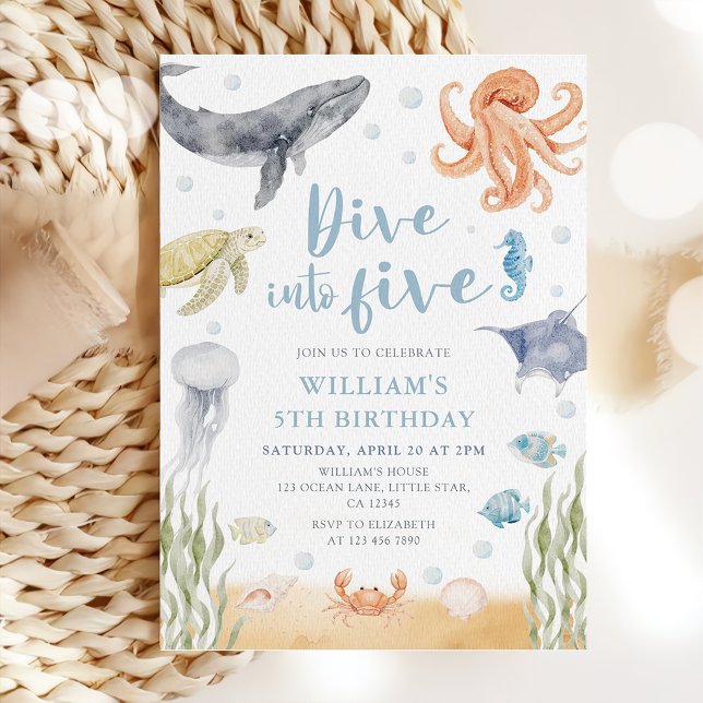 Dive Into Five Ocean Animals 5th Birthday Invitation (Creator Uploaded)