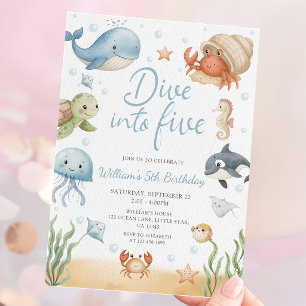 Dive Into Five Ocean Animals 5th Birthday Invitation