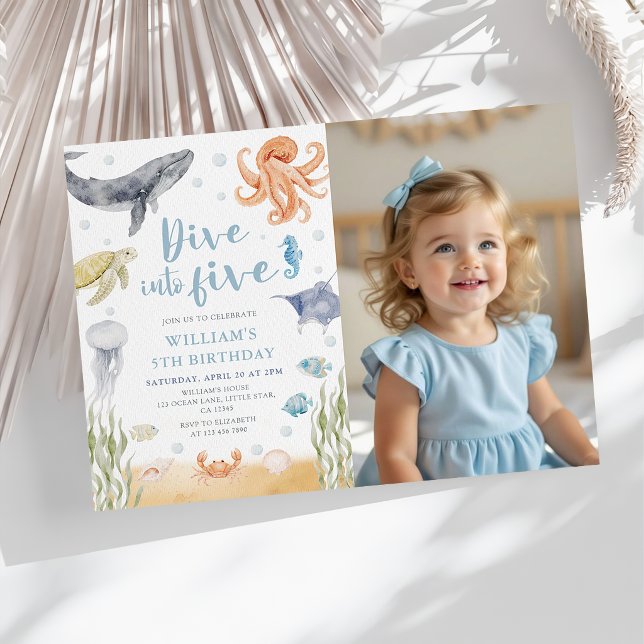 Dive Into Five Ocean Animals 5th Birthday Photo Invitation (Creator Uploaded)