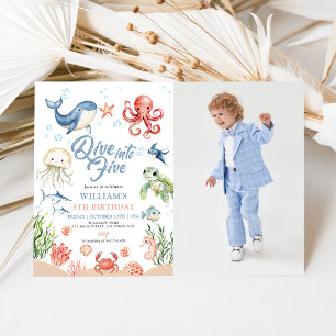 Dive Into Five Ocean Animals 5th Photo Birthday Invitation
