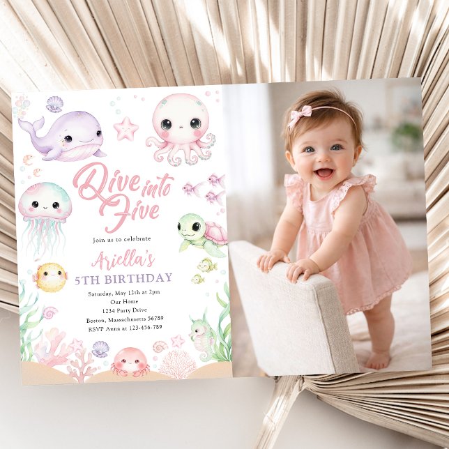 Dive Into Five Ocean Animals 5th Photo Birthday Invitation (Creator Uploaded)