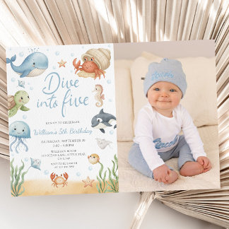 Dive Into Five Ocean Animals 5th Photo Birthday Invitation
