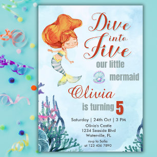 Dive into Five Orange Mermaid Girls 5th Birthday  Invitation