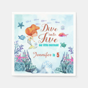Dive into Five Orange Mermaid Girls 5th Birthday Napkin