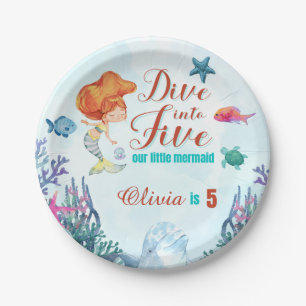 Dive into Five Orange Mermaid Girls 5th Birthday Paper Plate