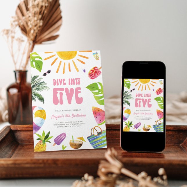 Dive into Five Pink Retro Birthday Invitation (Creator Uploaded)