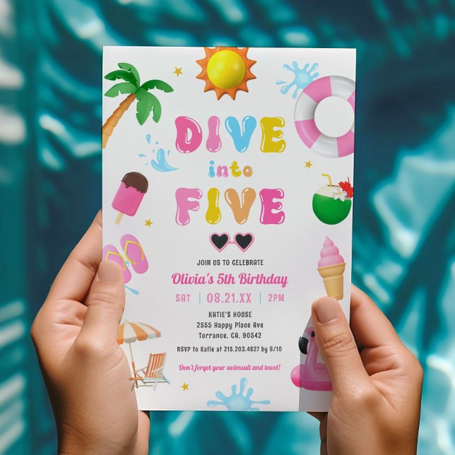 Dive into Five Pool Party Girl 5th Birthday Party  Invitation (Creator Uploaded)
