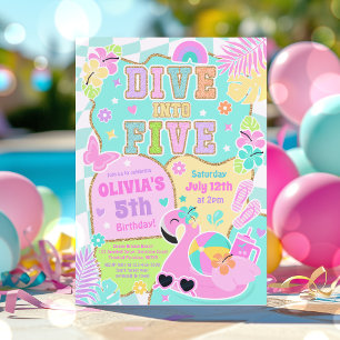 Dive Into Five Preppy Girl Pool Party Birthday  Invitation