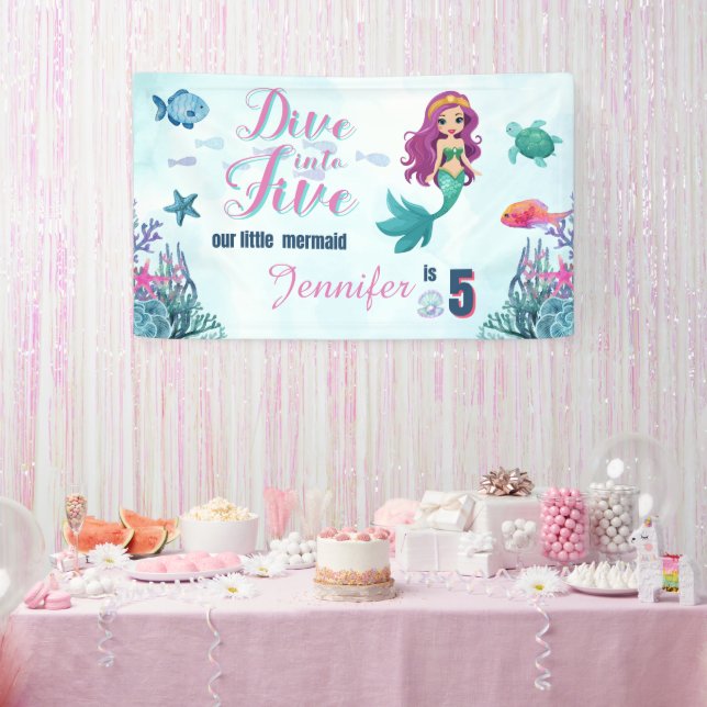 Dive into Five Purple Mermaid Girls 5th Birthday Banner (Party)