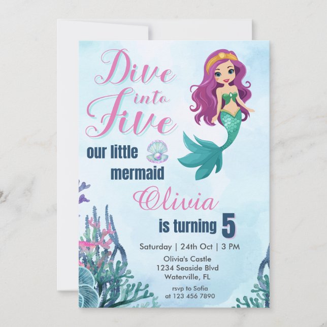 Dive into Five Purple Mermaid Girls 5th Birthday Invitation (Front)