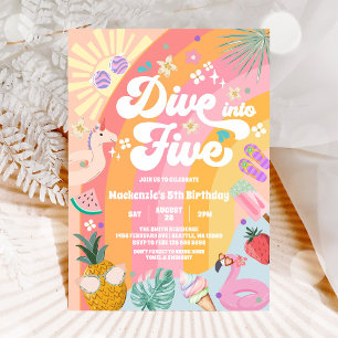 DIve Into Five Rainbow Sun Summer 5th Birthday  Invitation