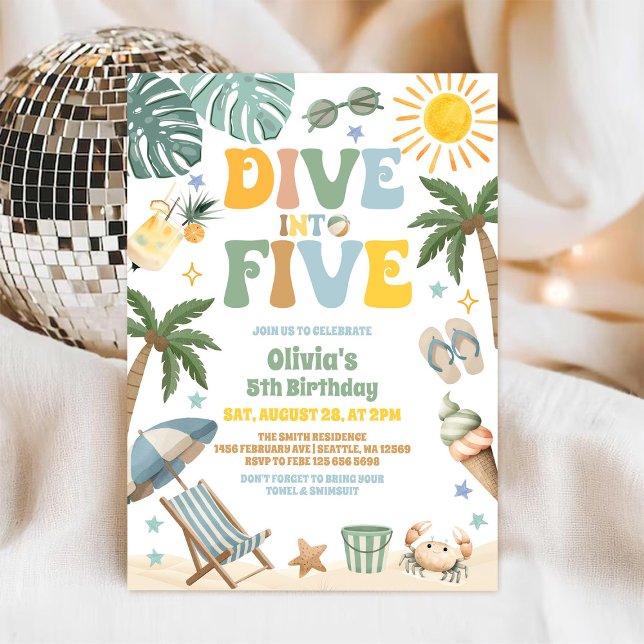 Dive Into Five Summer Beach Party 5th Birthday Invitation (Creator Uploaded)
