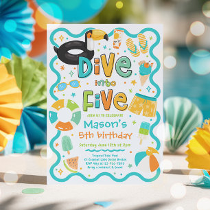 Dive Into Five Summer Pool Party 5th Birthday Invitation