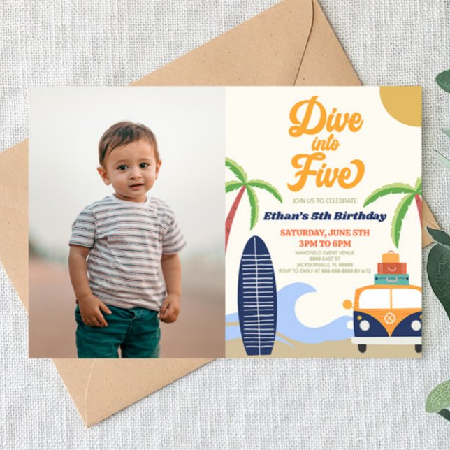 Dive Into Five Surf Board Blue 5th Birthday Party Invitation (Creator Uploaded)