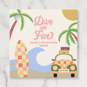 Dive Into Five Surf Board Pink 5th Birthday Party Favour Tags