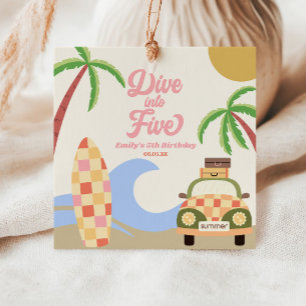 Dive Into Five Surf Board Pink 5th Birthday Party Favour Tags