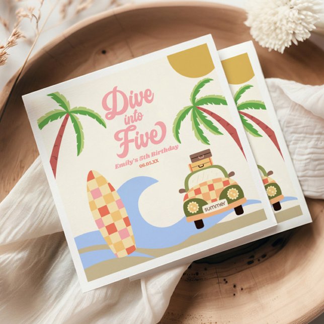 Dive Into Five Surf Pink 5th Birthday Party Napkin (Creator Uploaded)