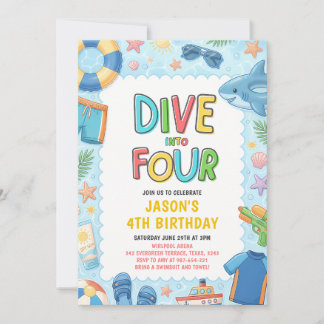Dive Into Four Pool Party 4th Birthday Invitation