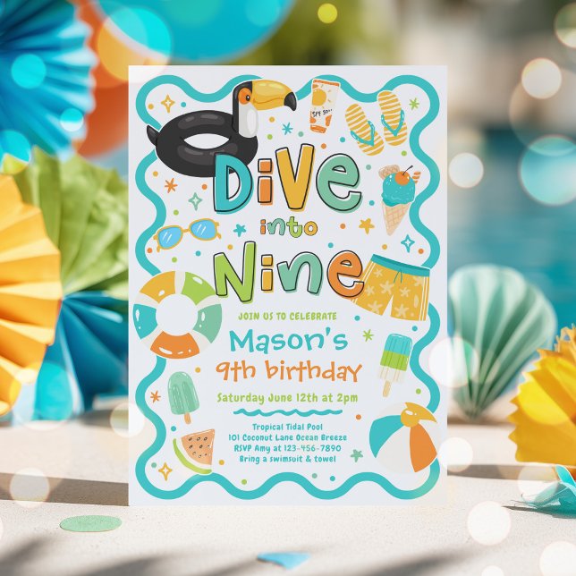 Dive Into Nine Summer Pool Party 9th Birthday Invitation (Creator Uploaded)