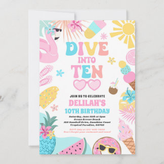 Dive Into Ten Tropical Beach 10th Birthday Party Invitation