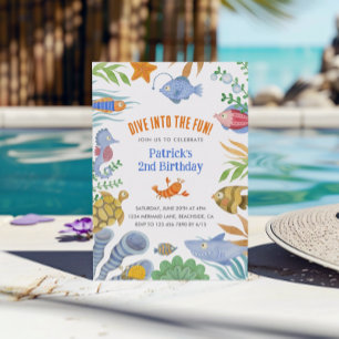 DIVE INTO THE FUN Watercolor Sea Life 2nd Birthday Invitation
