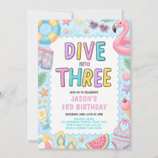 Dive Into Three Pool Party 3rd Birthday Invitation