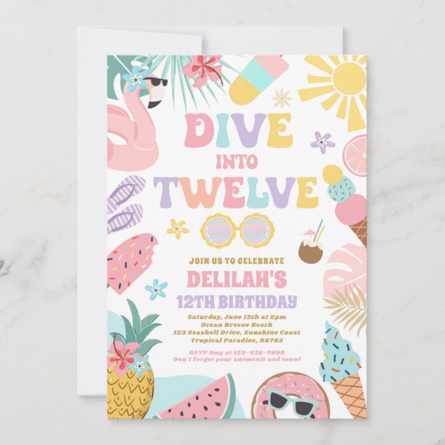 Dive Into Twelve Tropical Beach 12th Birthday  Invitation (Front)