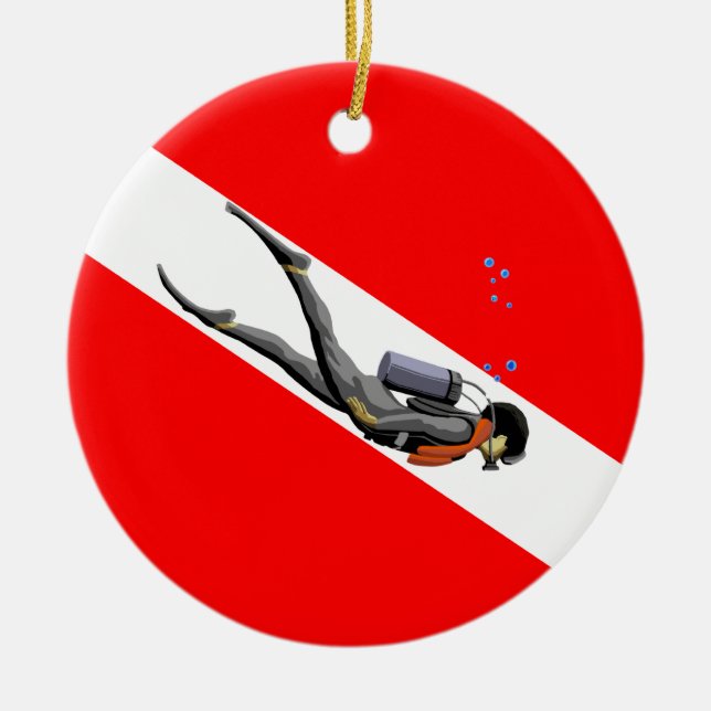 Diver And Dive Flag Ceramic Tree Decoration (Front)