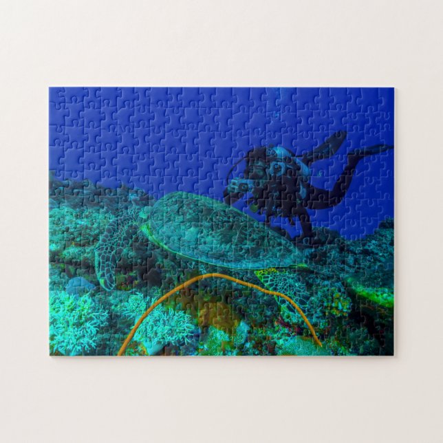 Diver and Sea Turtle on the Great Barrier Reef Jigsaw Puzzle (Horizontal)