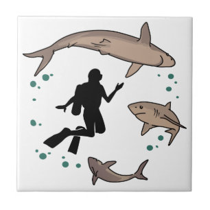 Diver and Sharks Ceramic Tile